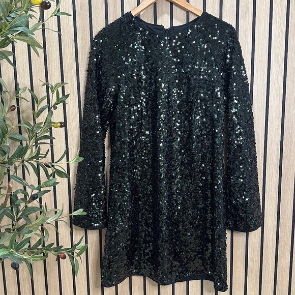 H&M Dark Green Sequin Mini Dress | Long Sleeve Holiday Party Dress | Size M - Picture 1 of 5